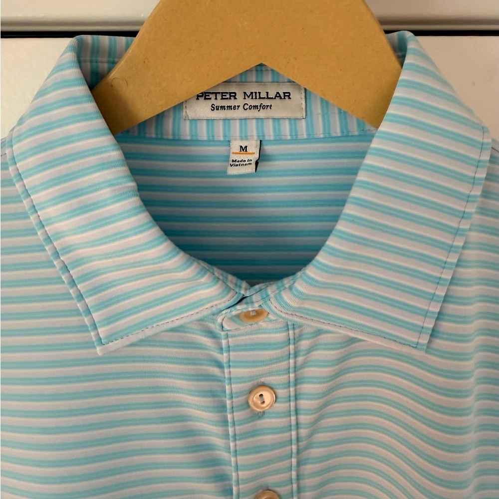 Peter Millar Light Blue and White Striped Performance Polo